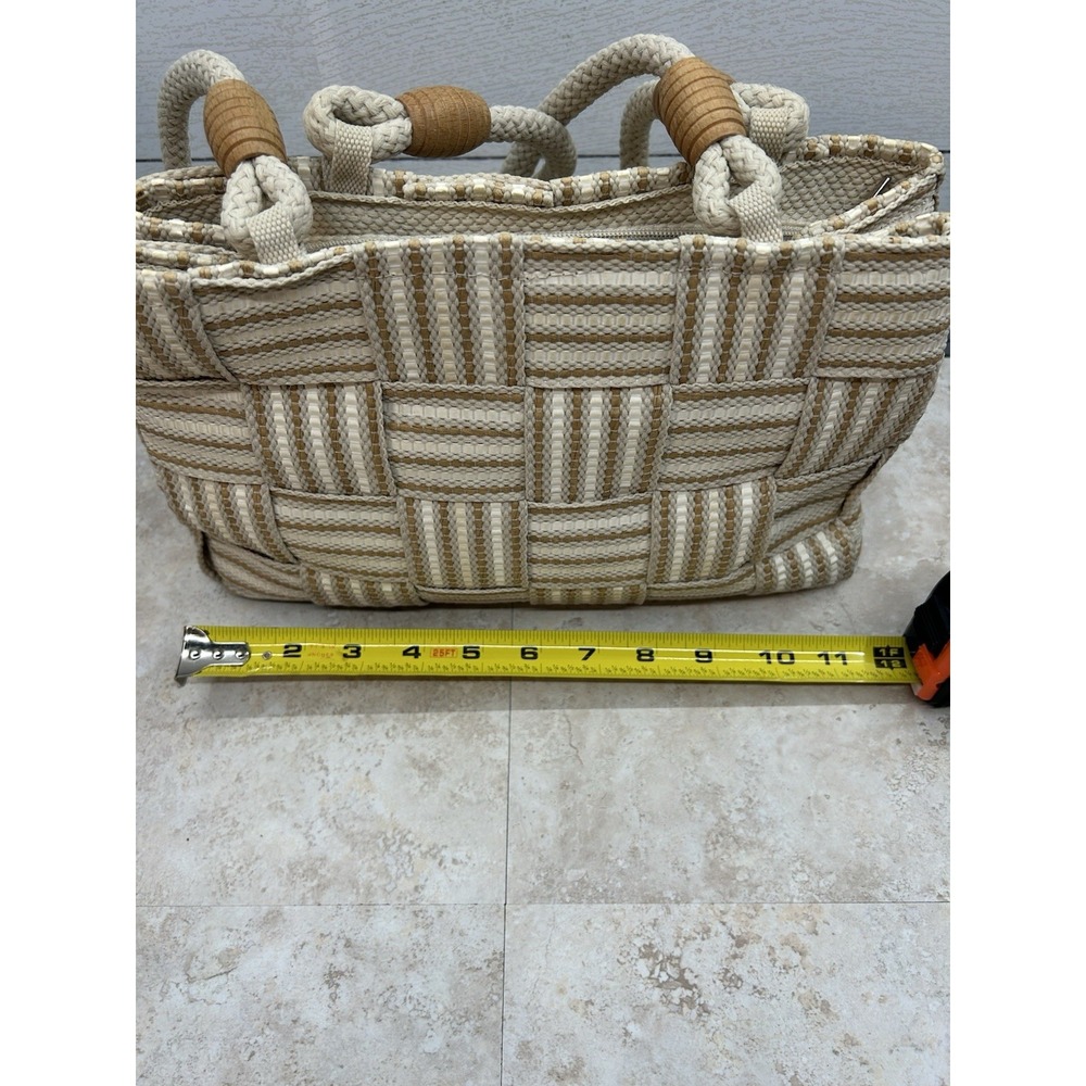 Vintage Handbag White & Brown Straw Woven Purse Rope Handles Made In Italy - Picture 8 of 10